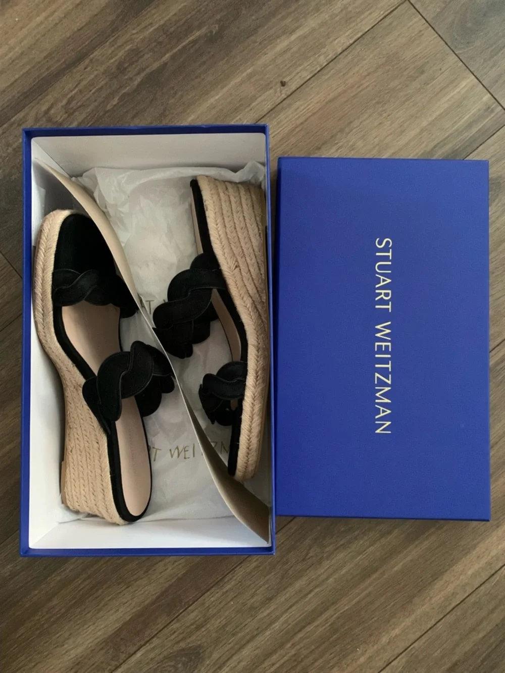 Stuart Weitzman women’s Black Twist Suede Espadrille Wedge Slide Sandal size 9.5 - Picture 4 of 14